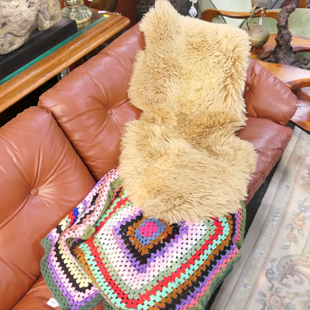 LARGE SHEEPSKIN AND CROCHETED AFGHAN BLANKET Image 1++