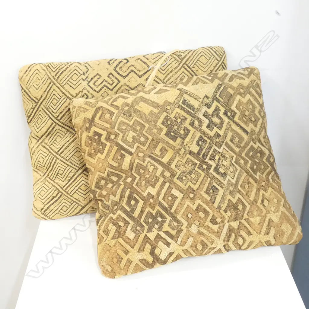 PAIR CONGOLESE KUBA CLOTH CUSHIONS VELVET BACKS Image 1++