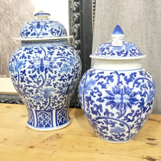 2 CHINESE B/W LIDDED VASES