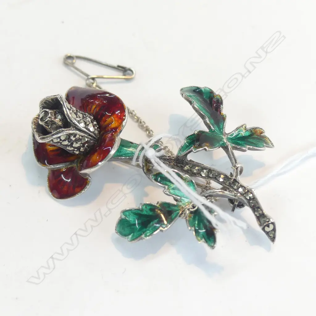 SILVER MARCASITE ENAMEL ROSE BROOCH Image 1++
