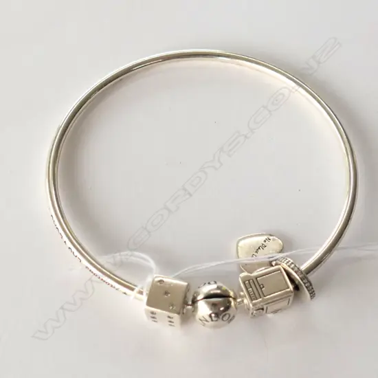 PANDORA SILVER BANGLE AND THREE CHARMS