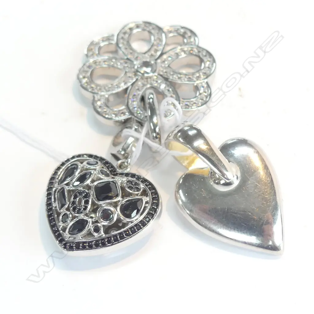 3 KAGI RHODIUM PLATED PENDANTS, (2 HEART SHAPED 1 FLOWERHEAD) Image 1++