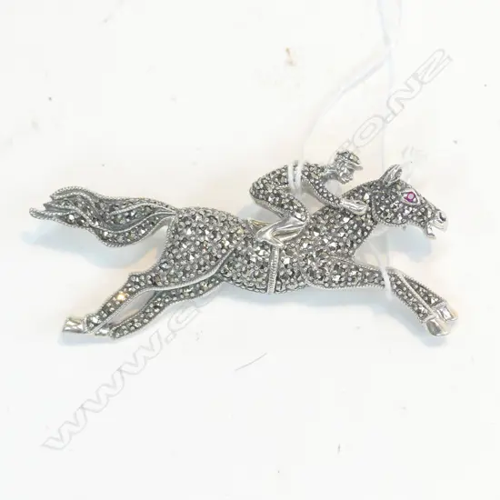 SILVER MARCASITE HORSE & JOCKEY BROOCH RUBY EYE