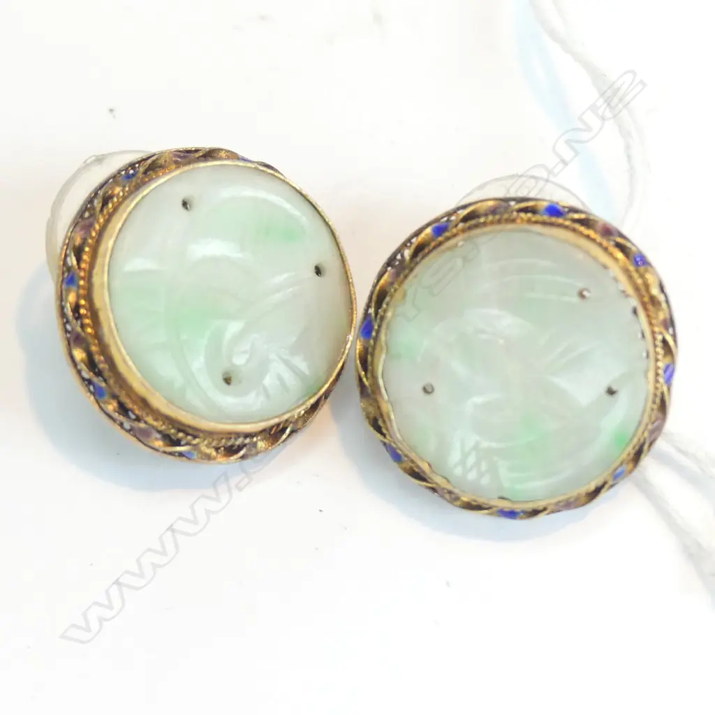 PR SILVER GILT CHINESE CARVED JADEITE EARRINGS Image 1++