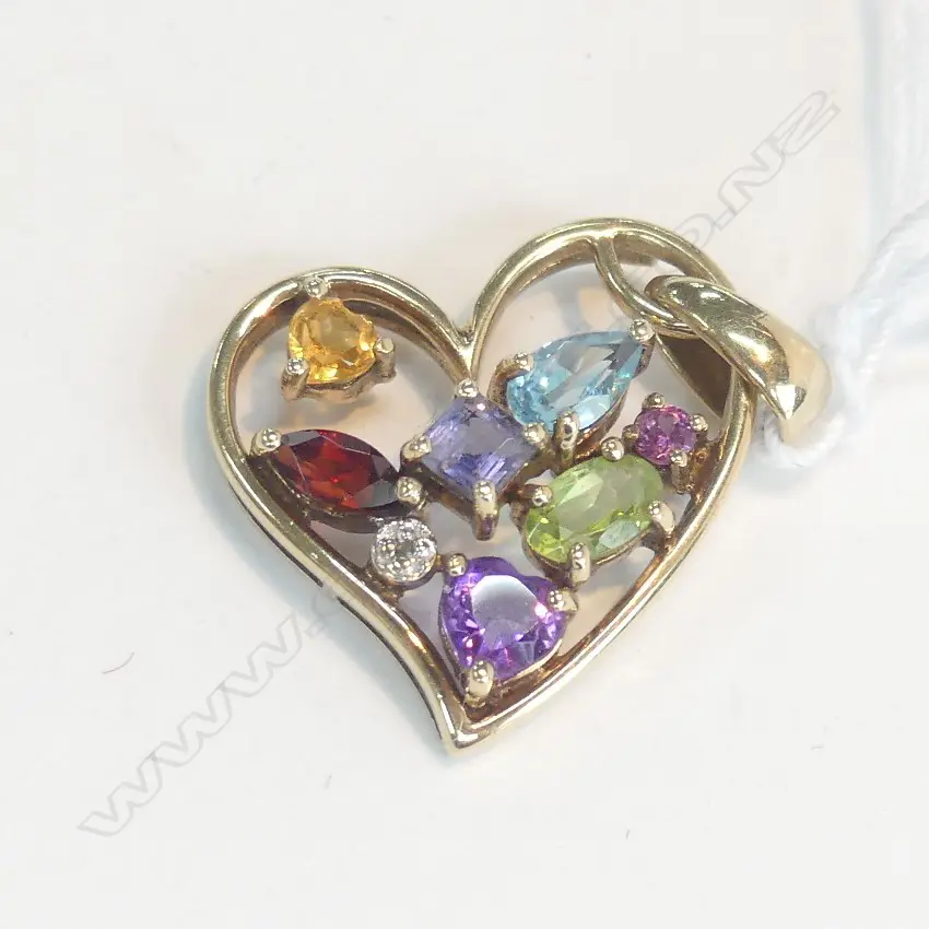 9CT GOLD HEART PENDANT COLOURED SEMI PRECIOUS STONES Image 1++