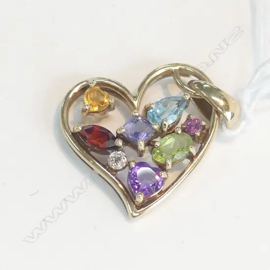 9CT GOLD HEART PENDANT COLOURED SEMI PRECIOUS STONES