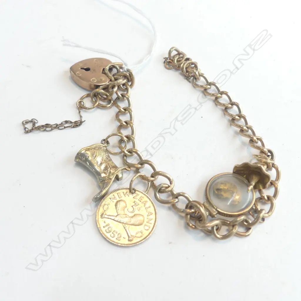 OLD GOLD PLATE CHARM BRACELET 9CT PADLOCK CLASP Image 1++