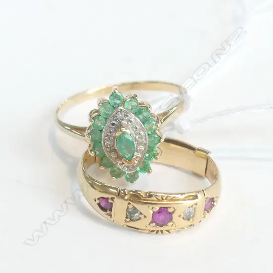 9CT EMERALD RING +18CT  RUBY DIAMOND RING