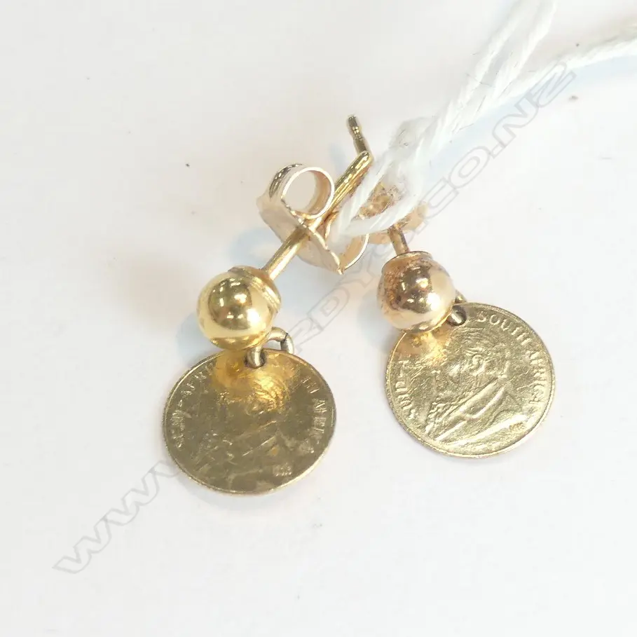 PR 14K GOLD & 14K MINI KRUGERRAND COIN EARRINGS 0.9GM Image 1++