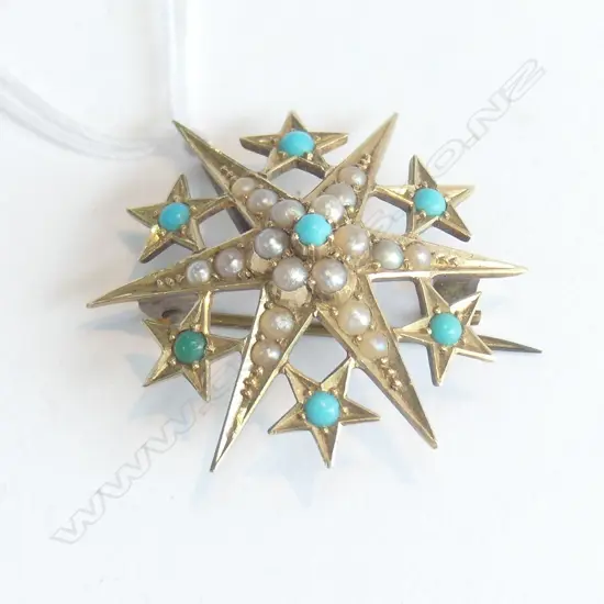 EDWARDIAN 15CT GOLD/PEARL/TURQUOISE BROOCH