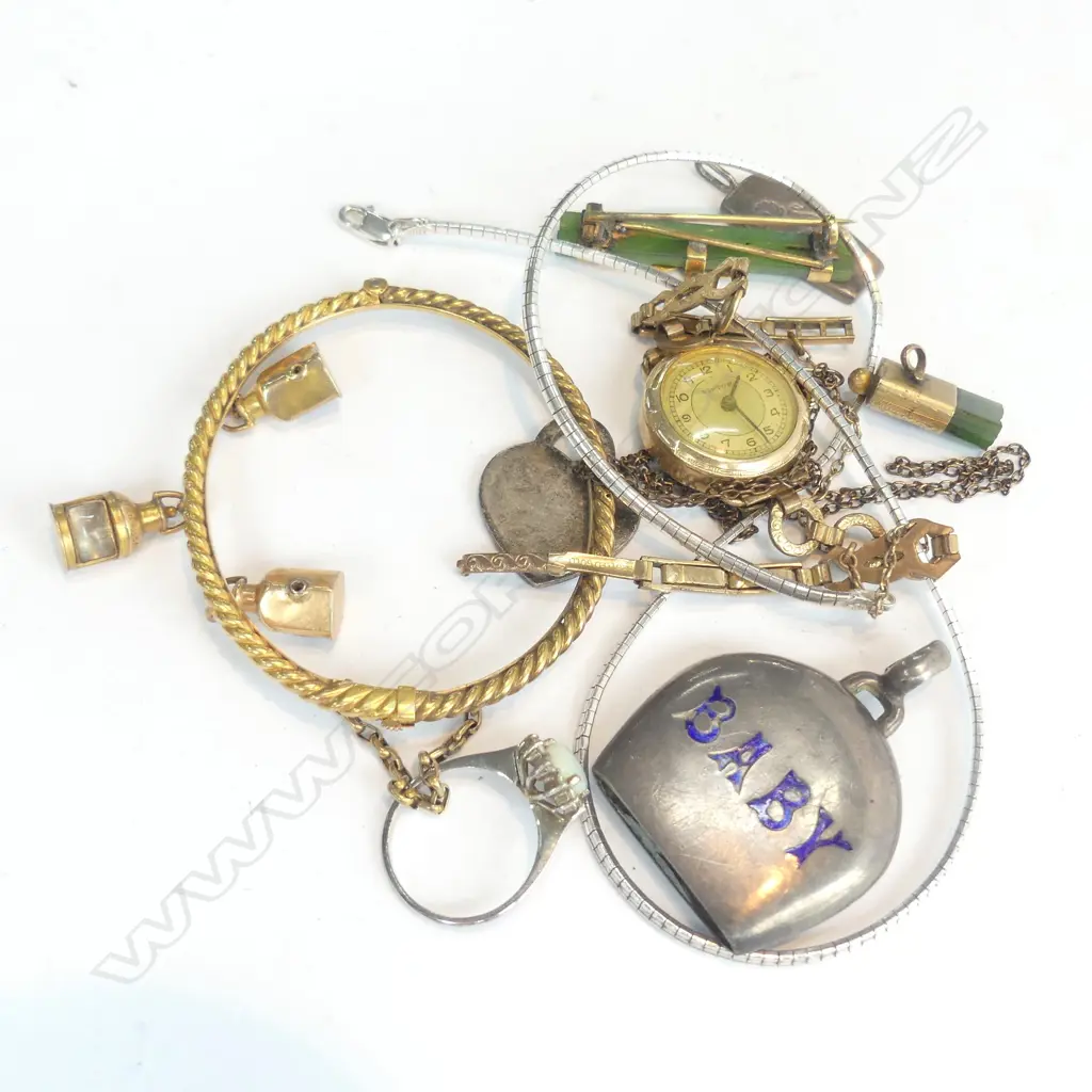 SILVER ENAMELLED 'BABY' RATTLE + 9ct BROOCH ETC Image 1++