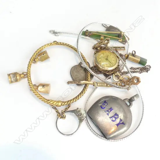 SILVER ENAMELLED 'BABY' RATTLE + 9ct BROOCH ETC