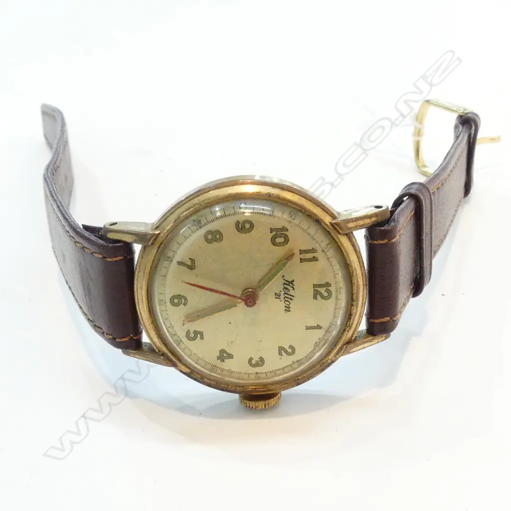 VINTAGE KELTON 21 WRISTWATCH, GOLD PLATED ON LEATHER STRAP Image 1++