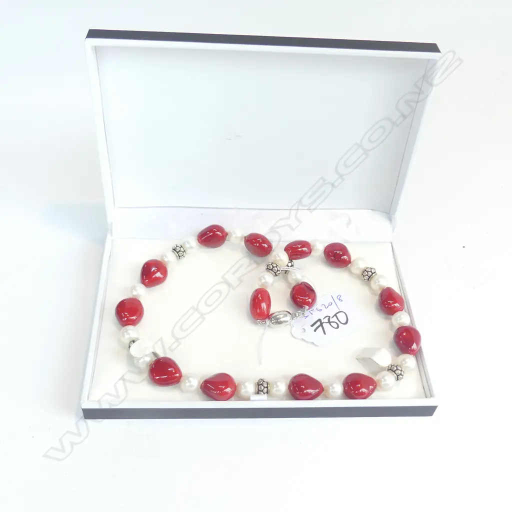 SINGLE STRAND NECKLACE OF DYED RED CORAL, FRESHWATER PEARLS & .SILVER BEADS w .925 SILVER CLASP Image 1++