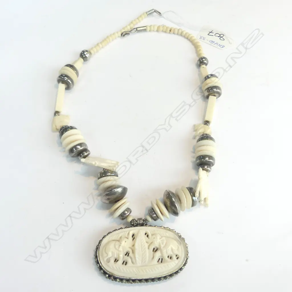 LOW GRADE SILVER ? CARVED BONE TRIBAL NECKLACE  Image 1++