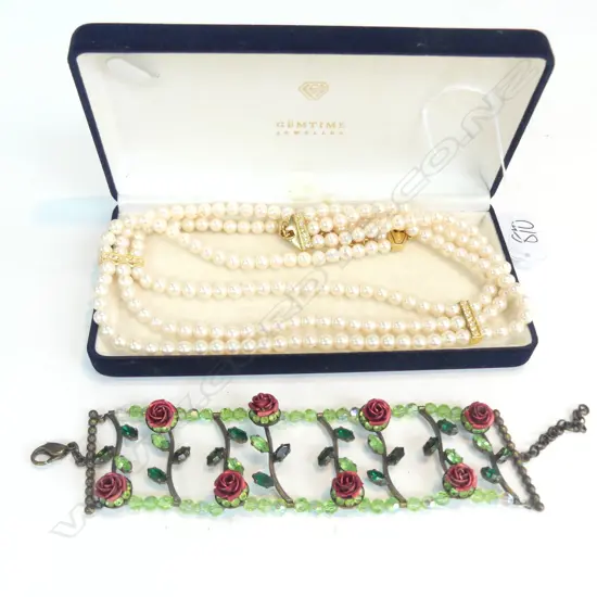 COSTUME PEARL CHOKER & ROSE/GREEN CRYSTAL BRACELET