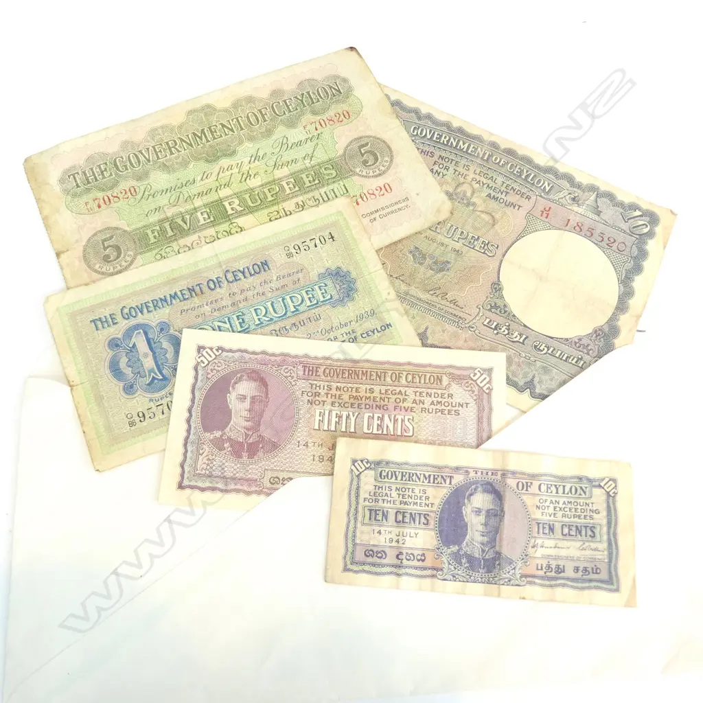 6 OLD 'GOVERNMENT OF CEYLON' BANKNOTES Image 1++