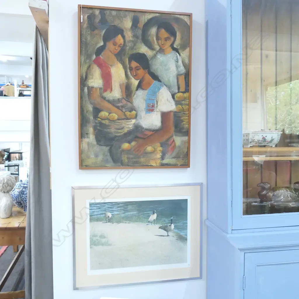 SIGNED OIL '69 THREE WOMEN 900MM H 650MM W AND CANADA GEESE PRINT Image 1++