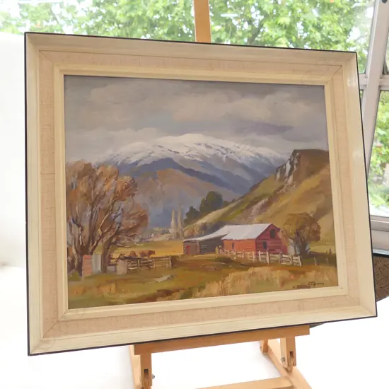 CARL T LAUGESEN OIL 'RED WOOD SHED ARROWTOWN'