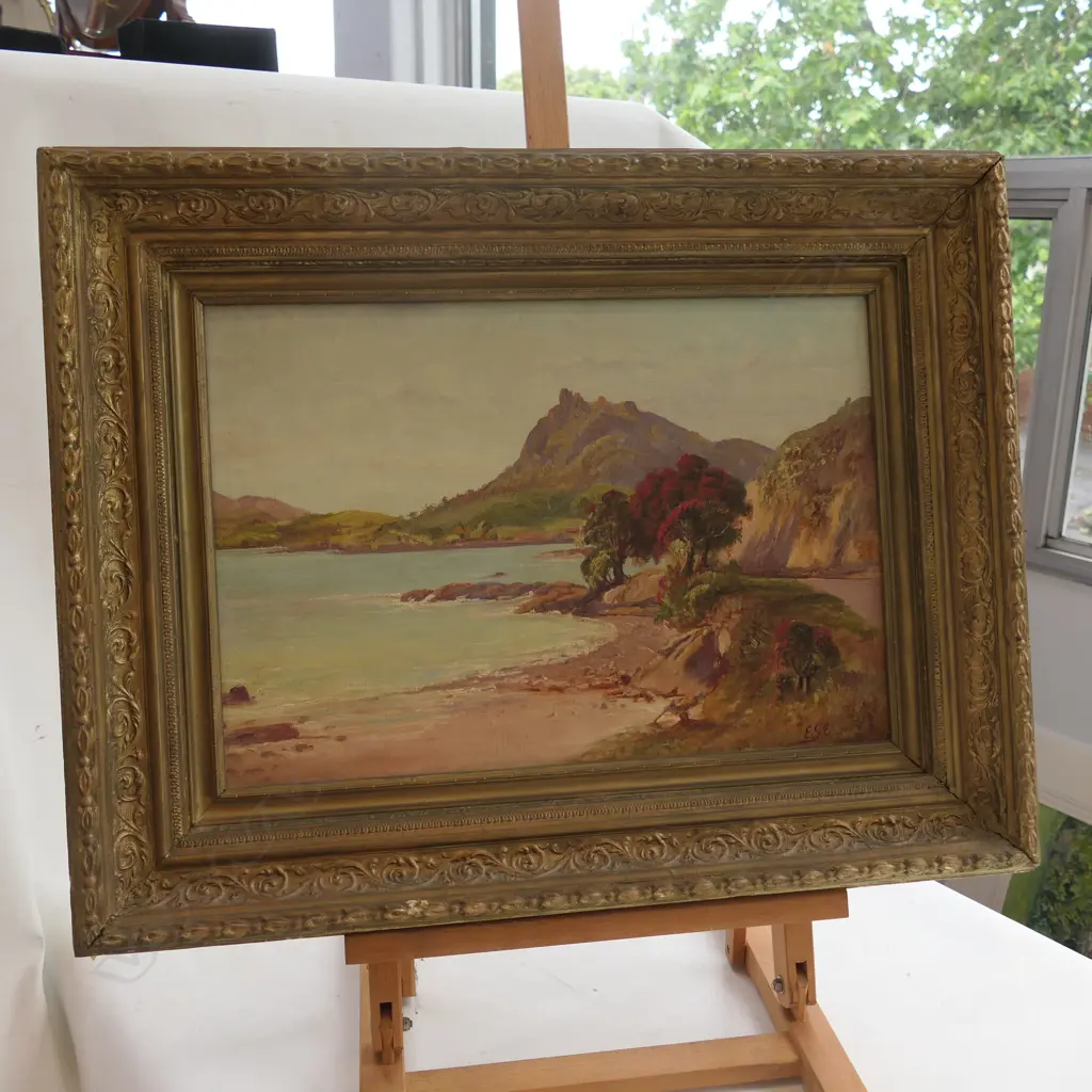 OIL PAINTING BEACH AND POHUTAKAWA Image 1++