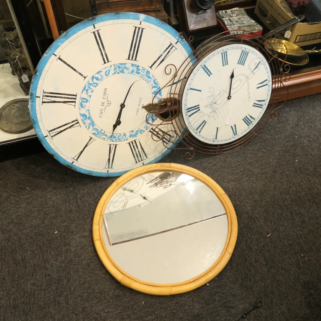 2 CLOCK FACES, IRON LEAF ARTWORK AND CIRCULAR CANE MIRROR 500MM DIA Image 1++