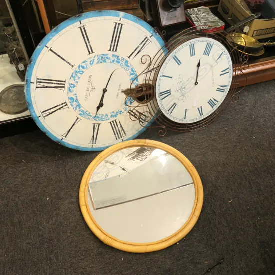 2 CLOCK FACES, IRON LEAF ARTWORK AND CIRCULAR CANE MIRROR 500MM DIA