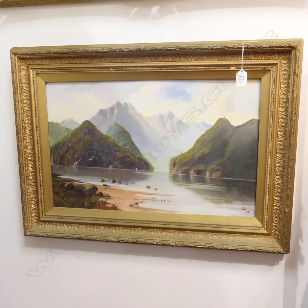 COLONIAL OIL ON BOARD, MILFORD SOUND, INITIALLED O'K., DATED '09, 345 x 550mm Image 1++