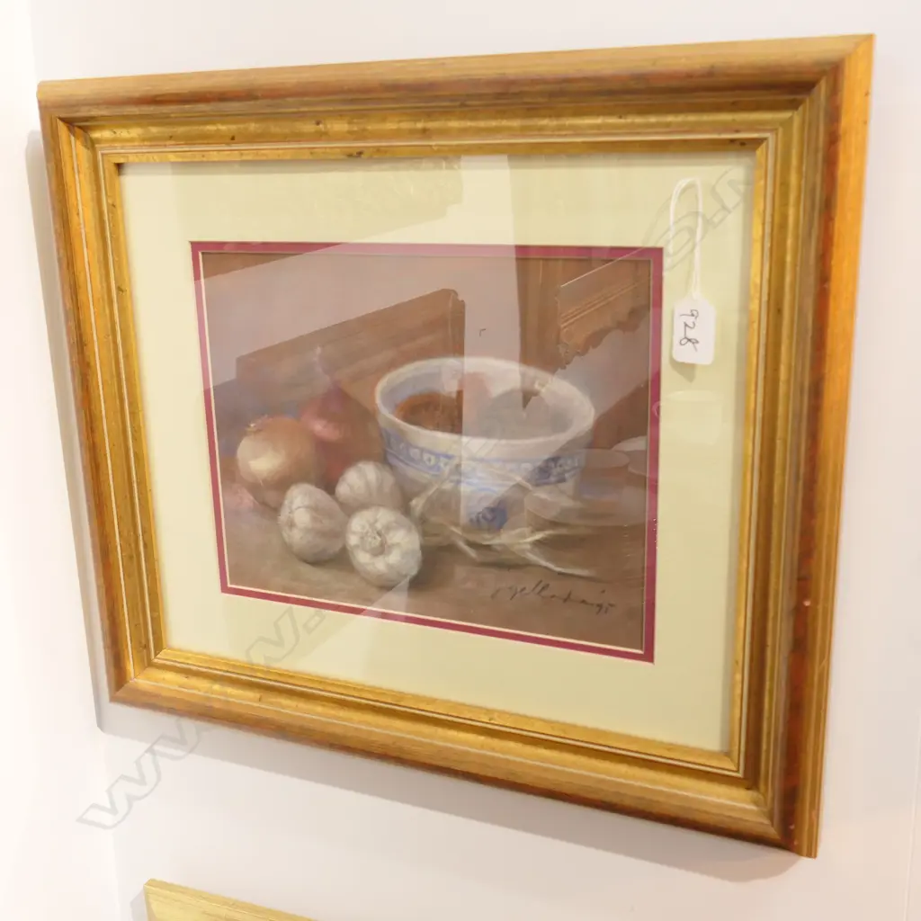 PASTEL, SIGNED INDISTINCTLY DATED '95, STILL LIFE ONIONS & GARLIC Image 1++