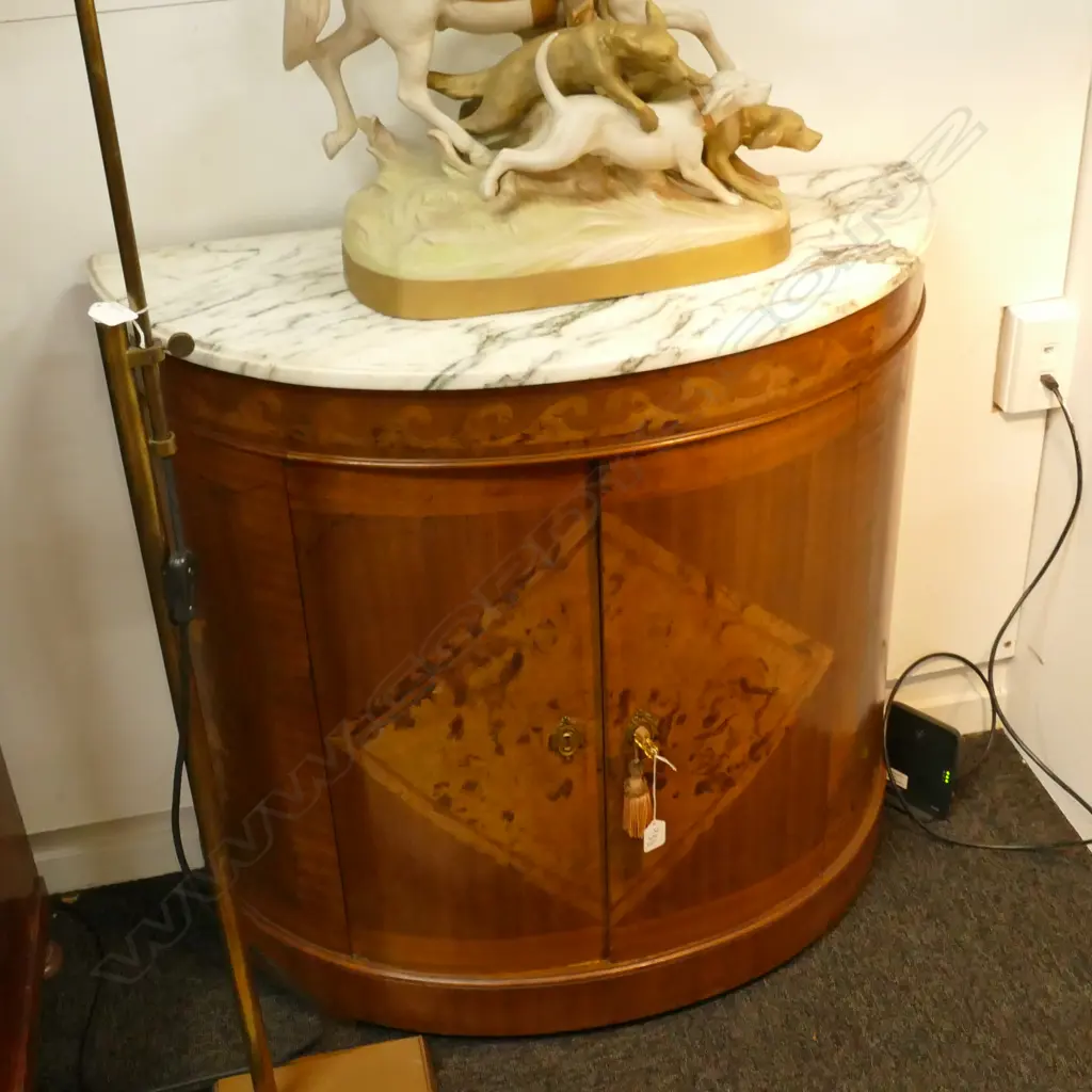 PAIR OF DEMILUNE MARBLE TOP INLAID TABLES 810MM H 820MM W Image 1++