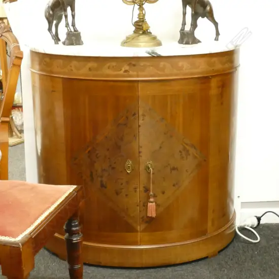 PAIR OF DEMILUNE MARBLE TOP INLAID TABLES 810MM H 820MM W