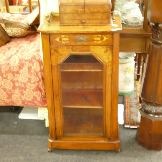 EDWARDIAN GLASS FRONT MUSIC CABINET WITH INLAY 900MM H 500MM W