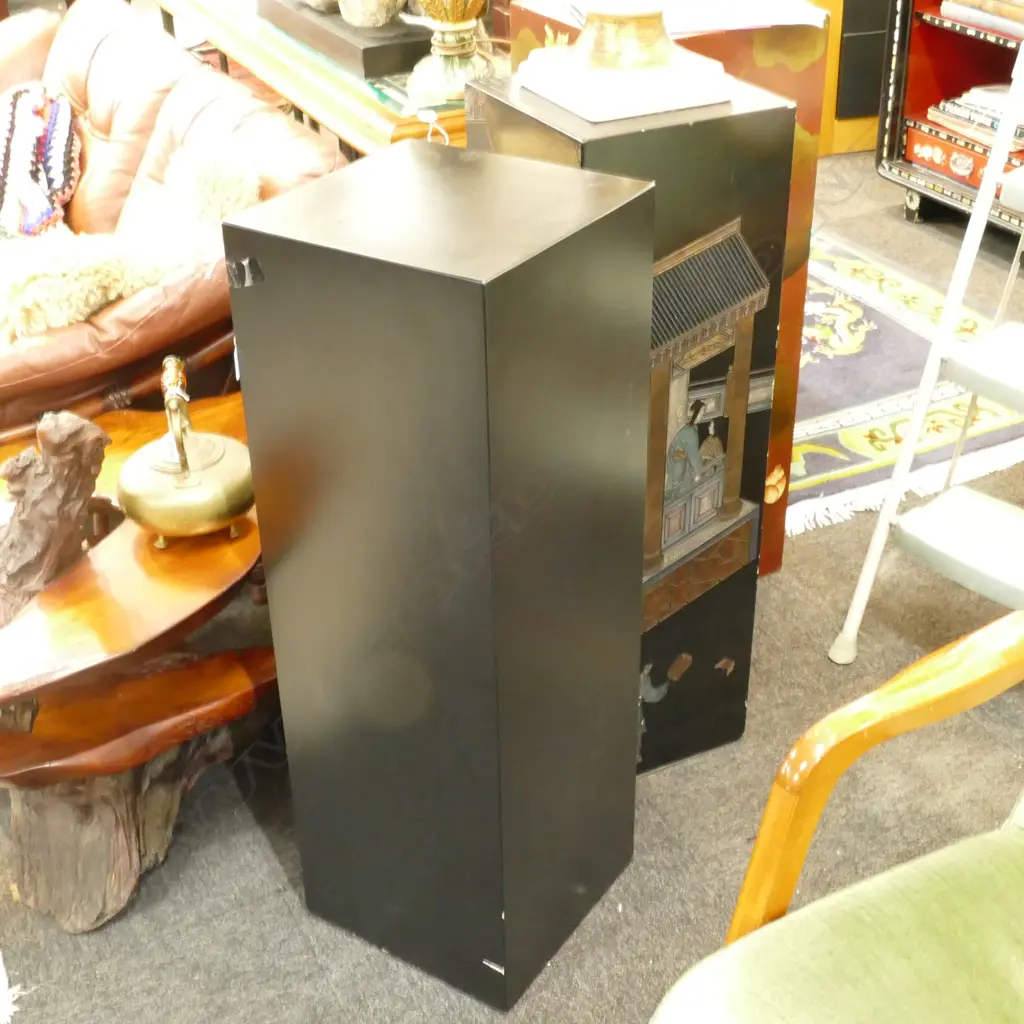 2 BLACK PLINTHS ONE WITH ORIENTAL DESIGN 900M H 300MM SQ Image 1++