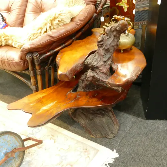 SWAMP KAURI OCCASIONAL TABLE, NATURAL TRUNK SUPPORT WITH TWO SLAB TIERS (20,000+ YEARS OLD)