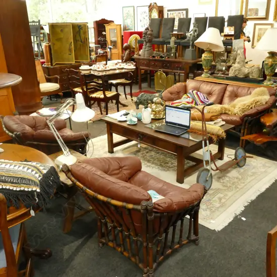 STAINED BAMBOO AND LEATHER PATIO SET; SOFA 1600MM W AND 2 CHAIRS