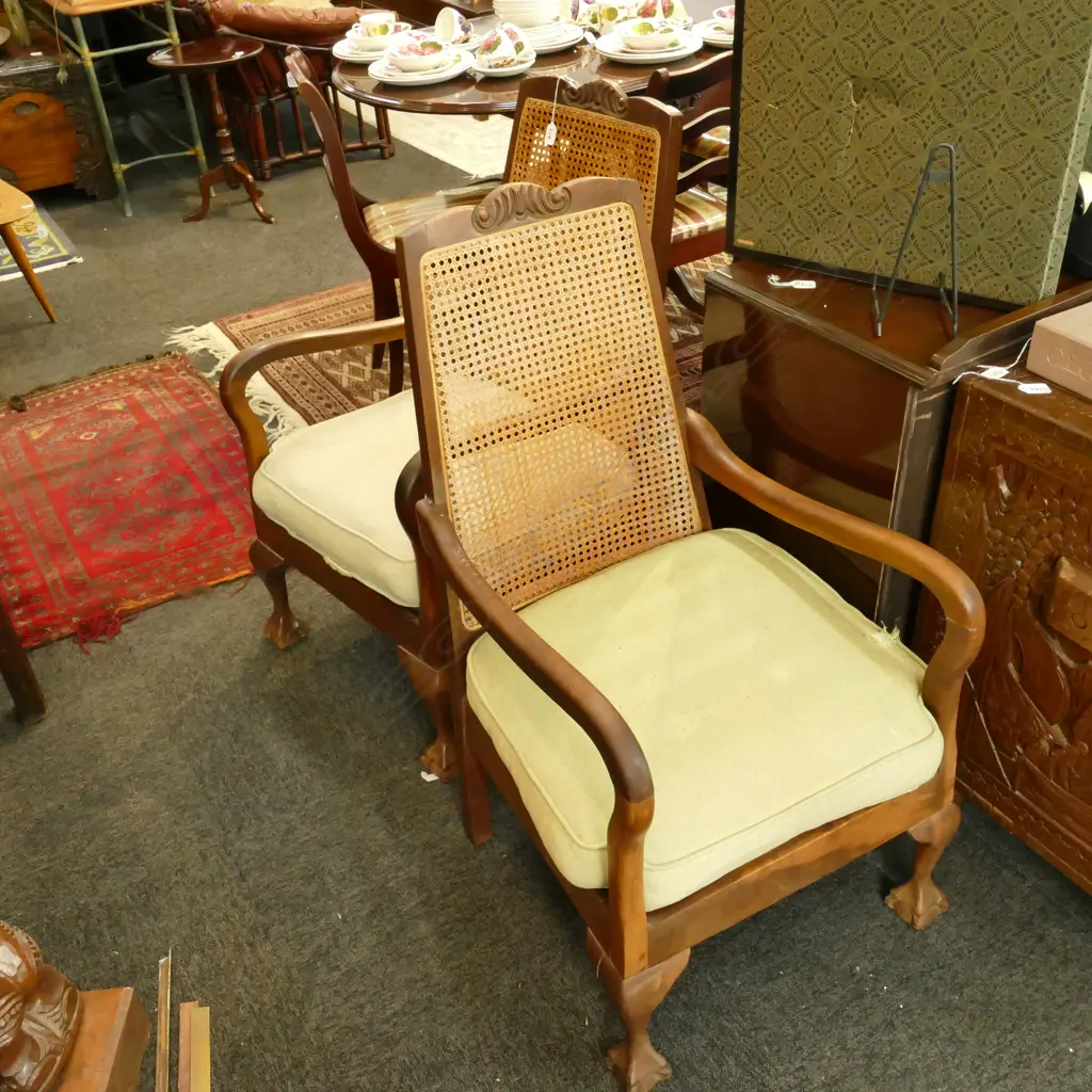 PAIR OF CANE BACKED CLAW FOOTED ARMCHAIRS 650MM D 580MM W Image 1++
