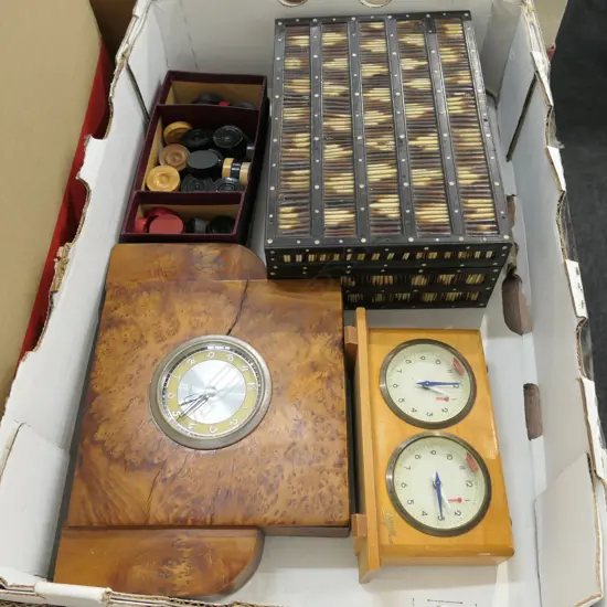 LOT ASST INCL. PORCUPINE QUILL BOX / BURR TOTARA CLOCK / DOMINOES ETC