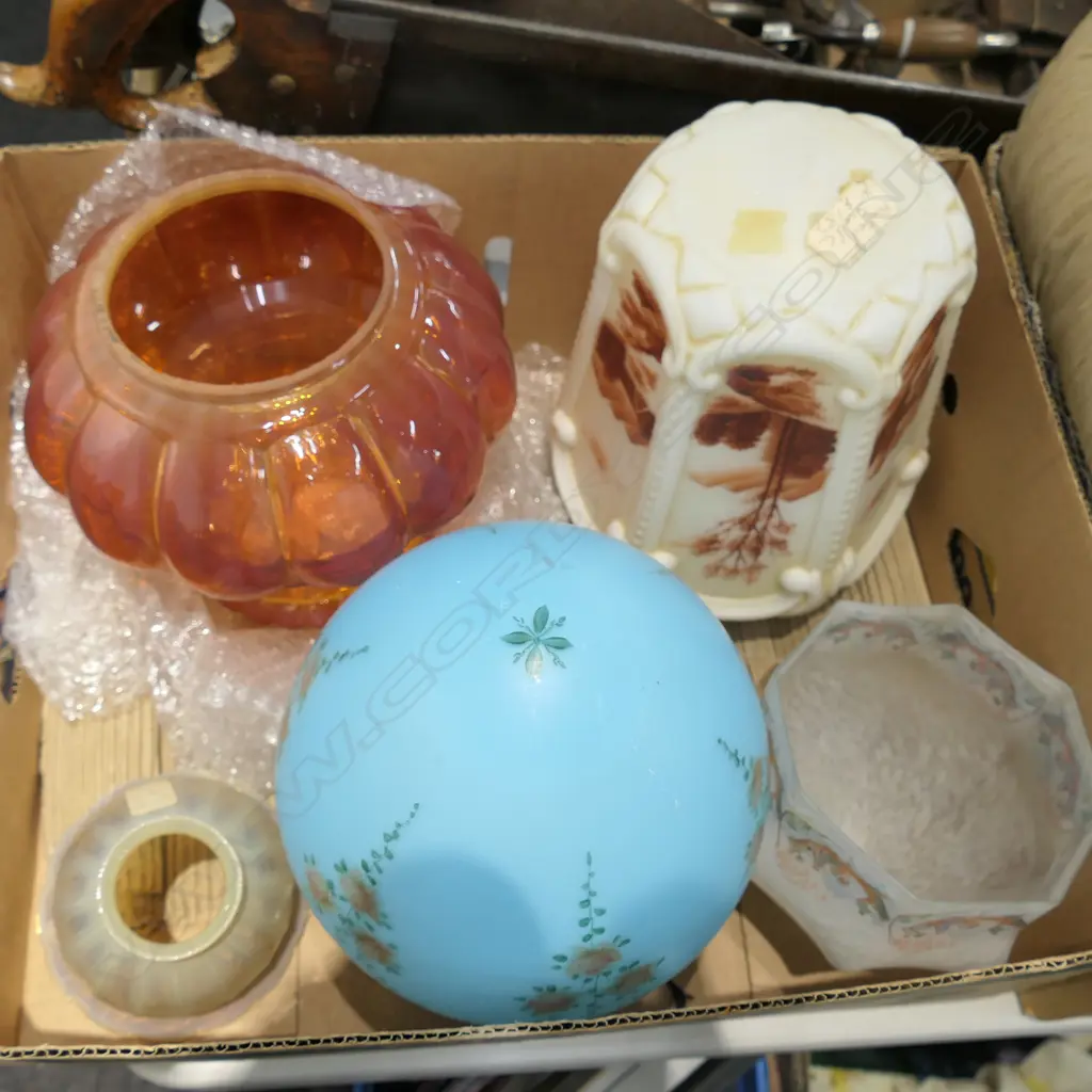 BOX LOT ANTIQUE LIGHT SHADES, ART DECO, VASELINE ETC Image 1++
