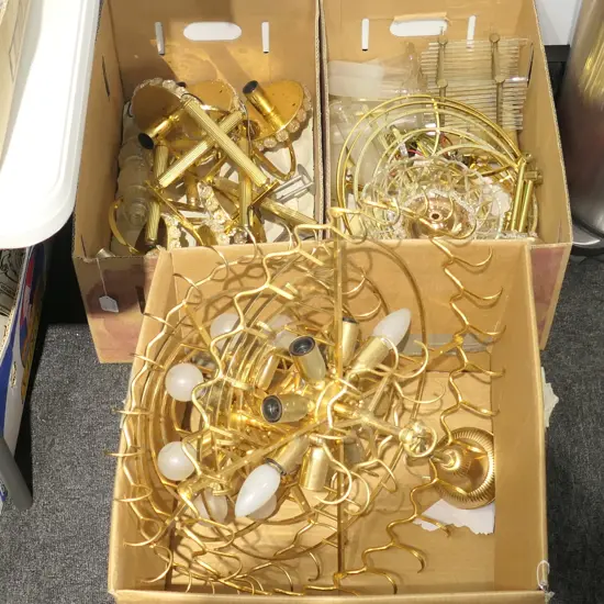 THREE BOXES VINTAGE BRASS AND CRYSTAL CHANDELIER FITTINGS 