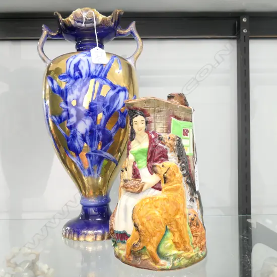 BURLEIGH  WARE JUG OLD FEEDING TIME + LARGE BLUE IRIS VASE H 420 MM