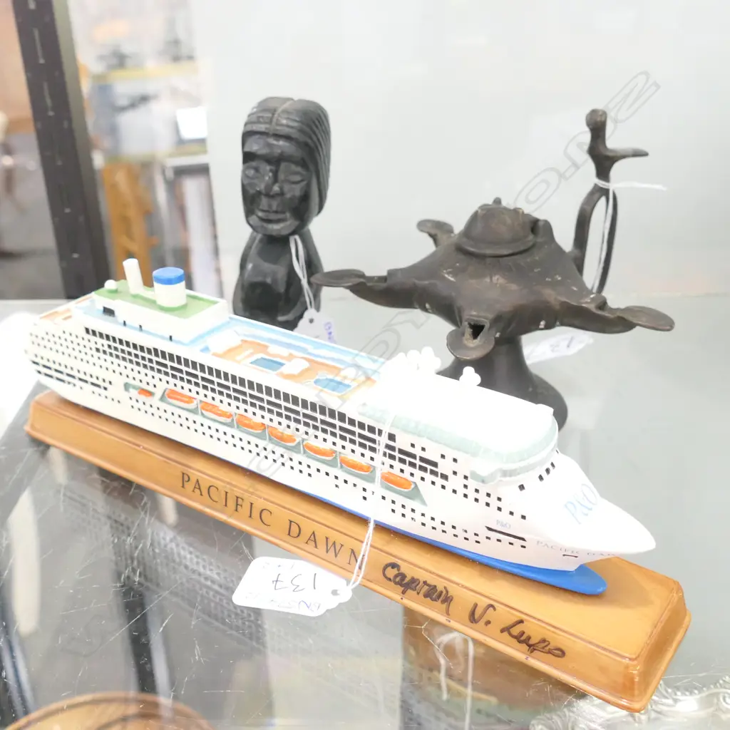 BRONZE OIL LAMP/PACIFIC DAWN SIGNED MODEL OF SHIP/ & SMALL STONE FIGURE Image 1++
