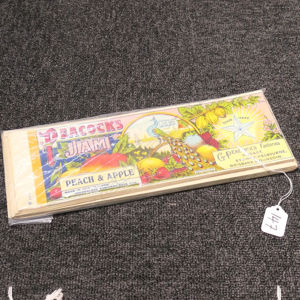 PEACOCK'S CAN LABELS  'BLACK CURRANT' AND 'PEACH & APPLE (APPROX 100) Image 1++