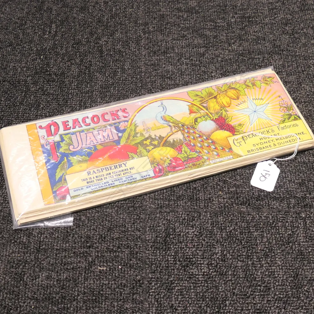 PEACOCK'S CAN LABELS  'APRICOT' AND 'RASPBERY (APPROX 90) Image 1++