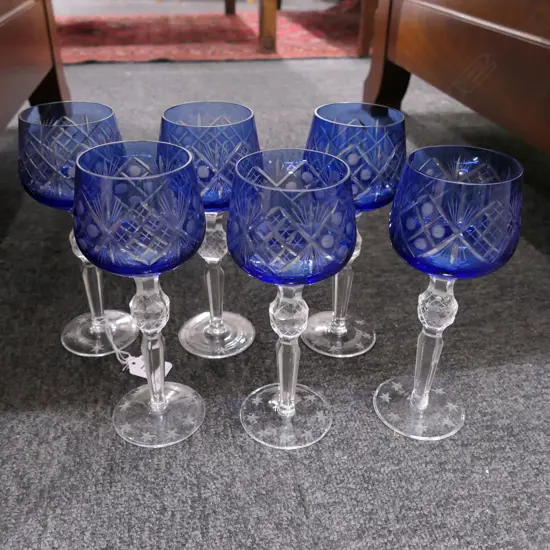 6 BOHEMIA BLUE CUT CRYSTAL STEMMED GLASSES