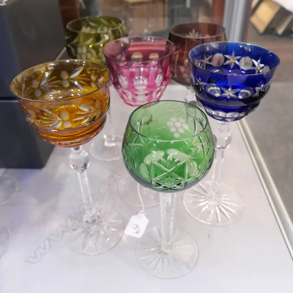 6 HARLEQUIN BOHEMIA COLOURED CUT CRYSTAL STEMMED GLASSES Image 1++