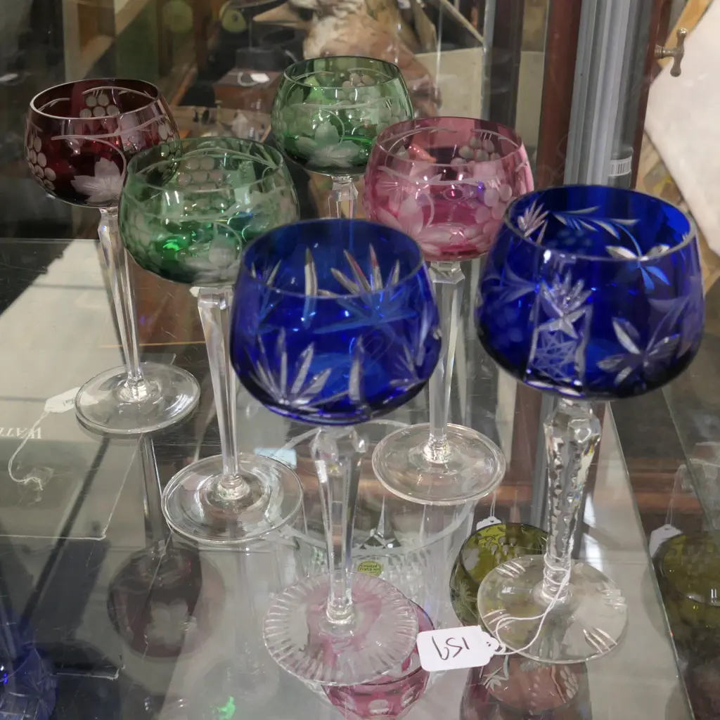 6 HARLEQUIN BOHEMIA COLOURED CUT CRYSTAL STEMMED GLASSES Image 1++