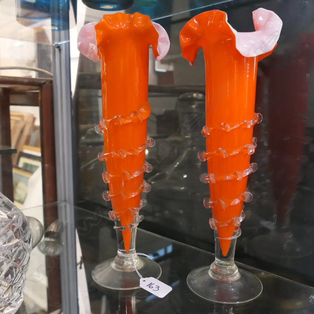 PAIR OF ORANGE GLASS VASES - FRILLED RIMS (TONY) Image 1++