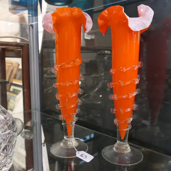 PAIR OF ORANGE GLASS VASES - FRILLED RIMS (TONY)