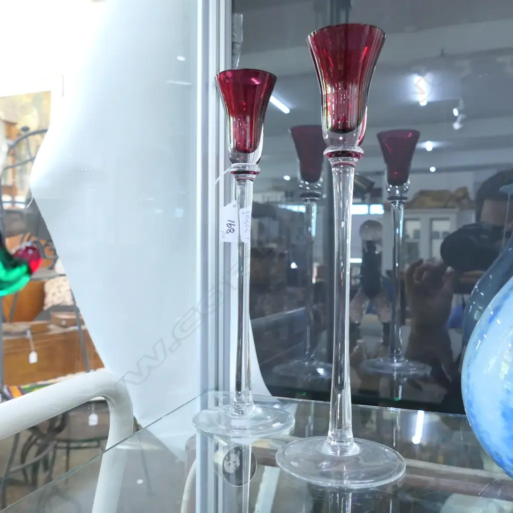 PAIR OF TALL CRANBERRY GLASS CANDLESTICKS Image 1++