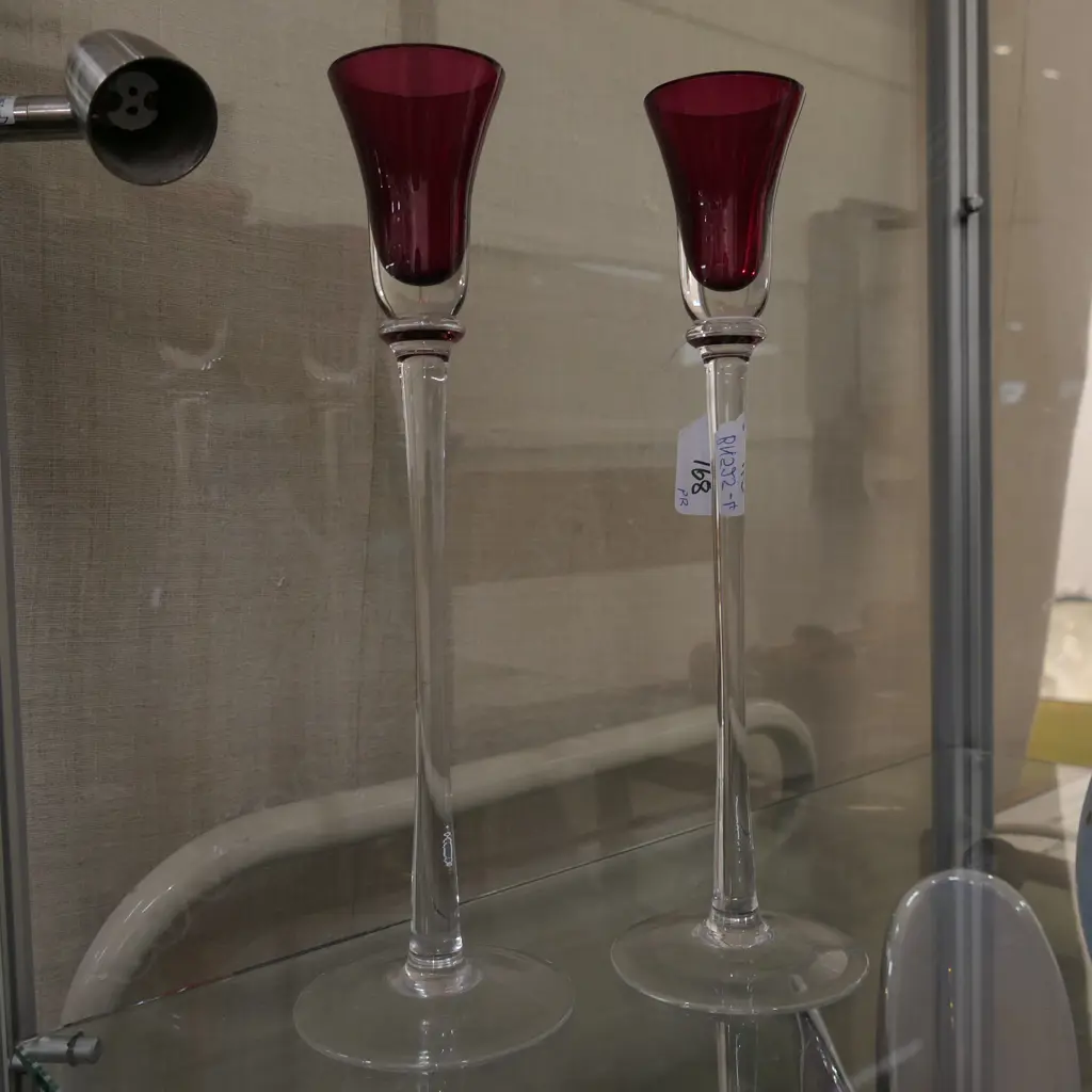 PAIR OF TALL CRANBERRY GLASS CANDLESTICKS Image 1++