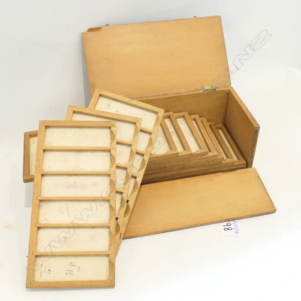 WOODEN BOX SIDE MISSING CONTAINING EMPTY ALBUM PANELS 205MM L Image 1++